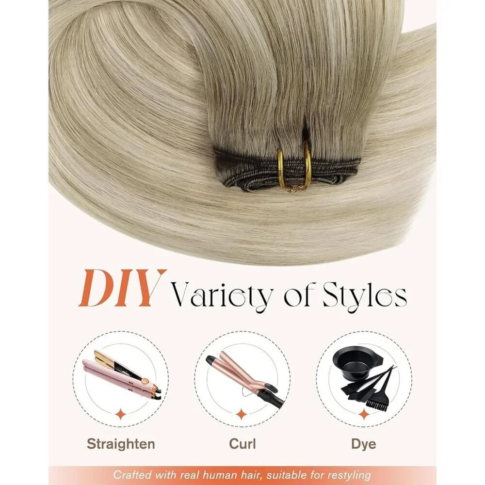 Clip in Hair Extensions Human Hair 16 Inches Straight Ash Blonde Ombre